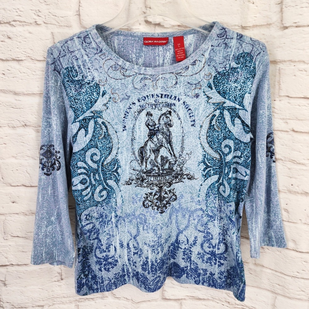 Vintage Y2K Gloria Vanderbilt Equestrian Top Festival Coastal Preppy Size Large